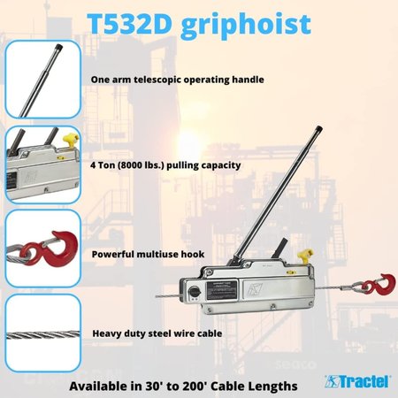 Tractel Griphoist Manual Wire Rope Hoist, 8,000 lb. 4 Ton, 60 ft, T532D 03309912460K